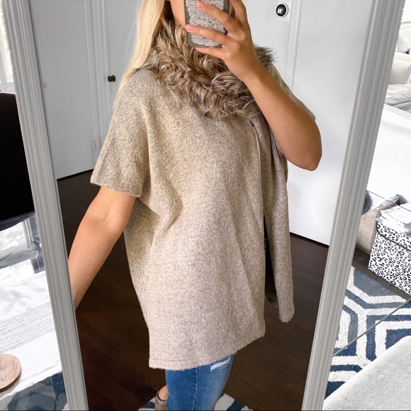 🍂 LOVE YOUR CLOTHES FAUX FUR OATMEAL KNIT PONCHO  CARDIGAN SWEATER! - Picture 2 of 11